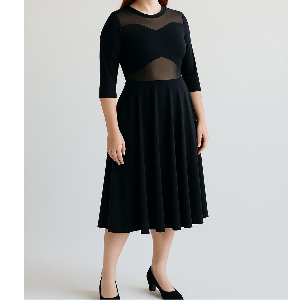 Norma Kamali Black Mesh Inset Fit Flare Midi Dress Women L Stretch Cocktail Chic
